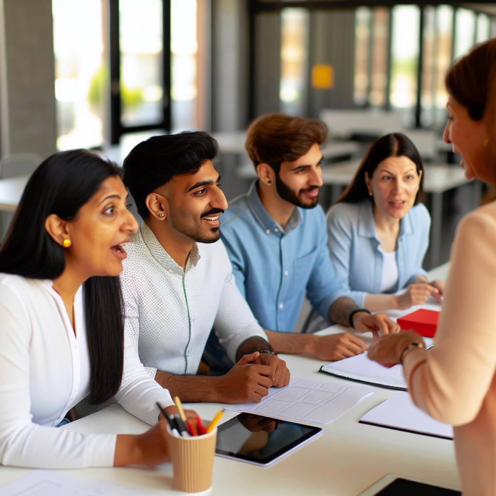 A group of diverse individuals in a modern office setting, engaged in a dynamic training session led by a professional instructor. The room is filled with enthusiasm and collaboration as they work together to unlock their full potential.