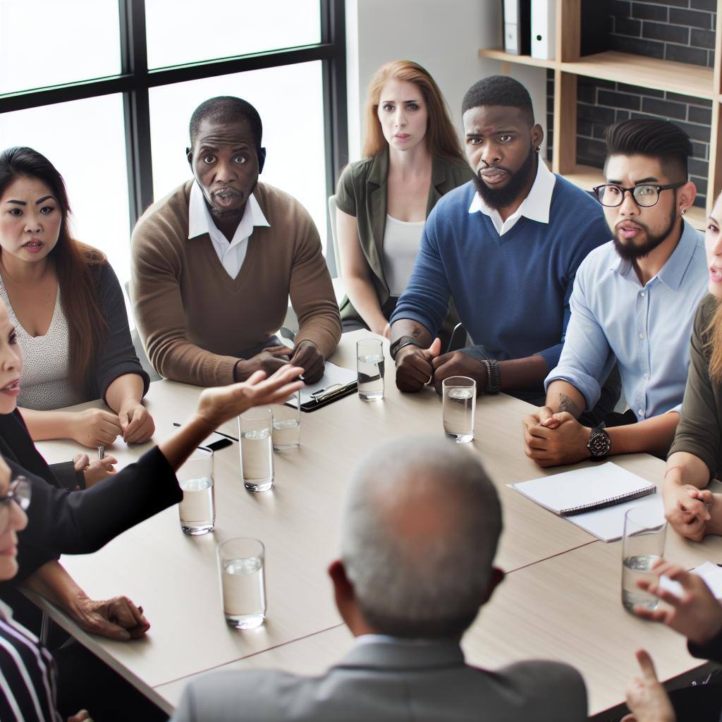 A group of diverse small business owners sitting around a table, discussing strategies for recruiting top sales talent. The room is filled with enthusiasm and determination.