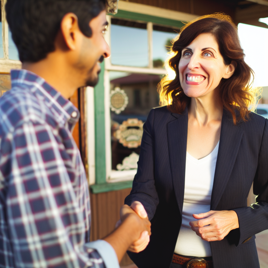 A small business owner shaking hands with a satisf